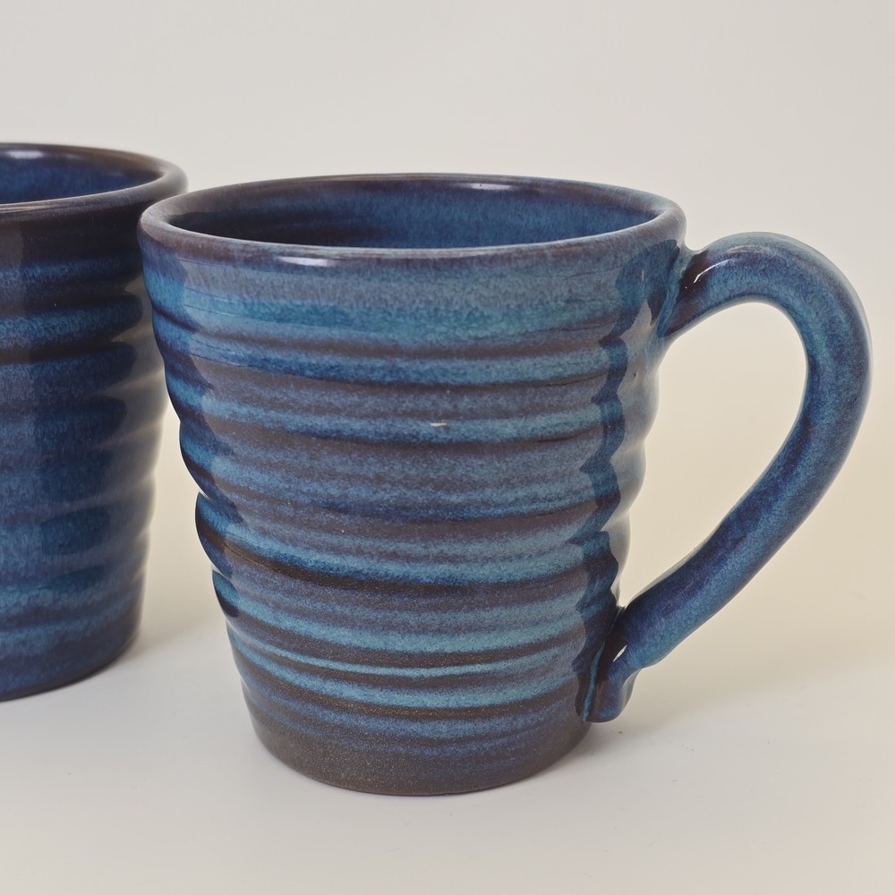 Rackliffe Pottery Blue Hill Maine Pair Signed Studio Pottery Blue Mugs - Picture 2 of 11